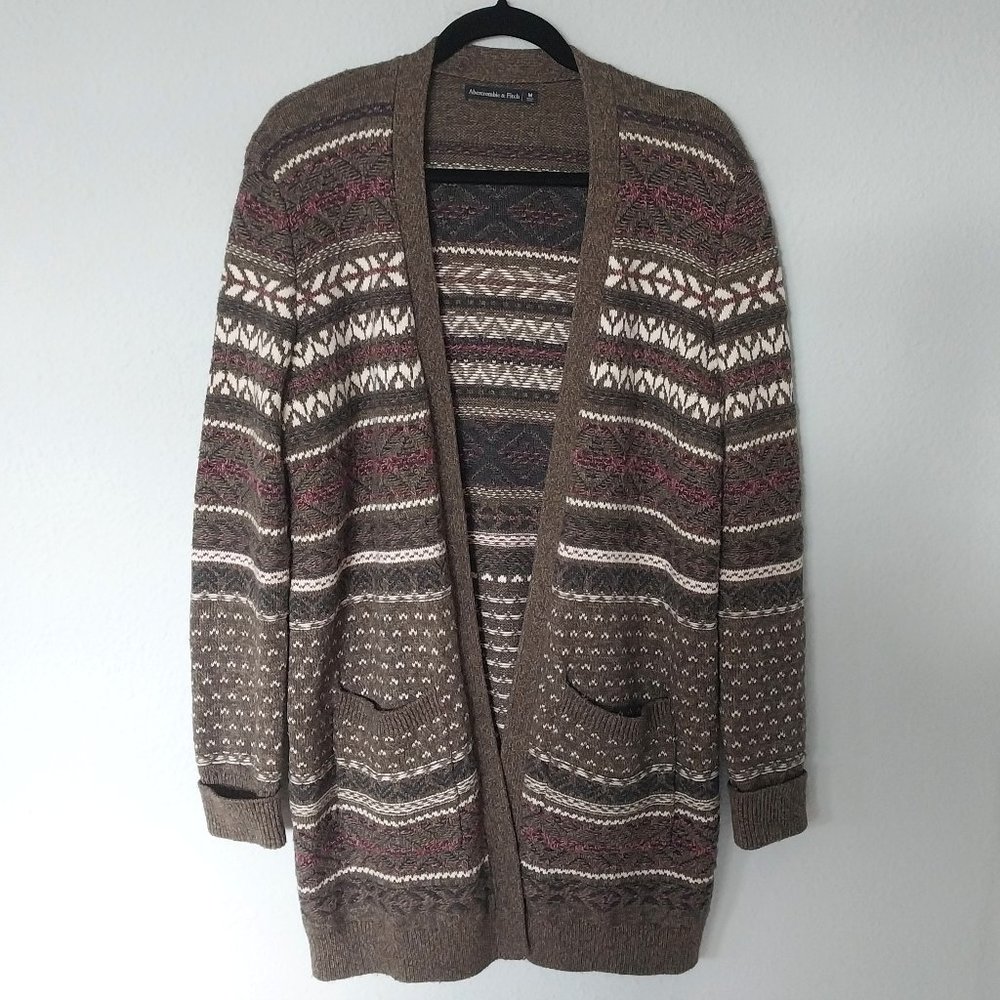 Abercrombie and Fitch Brown Fair Isle Open Mid Length Cardigan